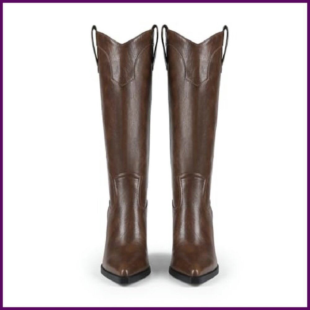 Women's Knee High Cowboy Boots Pointed Toe Chunky Heel Leather Wide Calf - Picture 5 of 8
